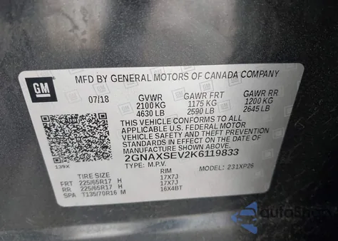 2019 Chevrolet Equinox Ls из США, поврежденный, VIN 2GNAXSEV2K6119833